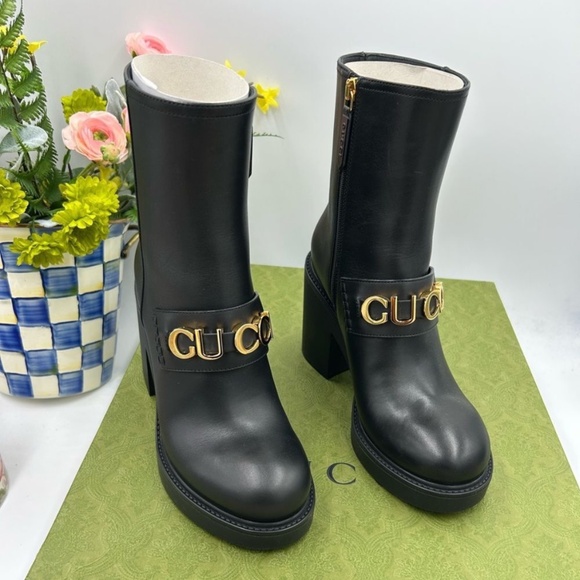 Women’s Gucci gold logo platform, high heel leather boots size 37 made in Italy - Picture 1 of 12